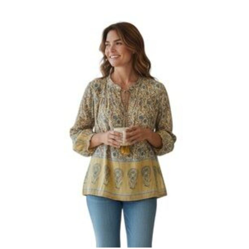 Natural Life Boho Yellow Blue Floral Top New Medium